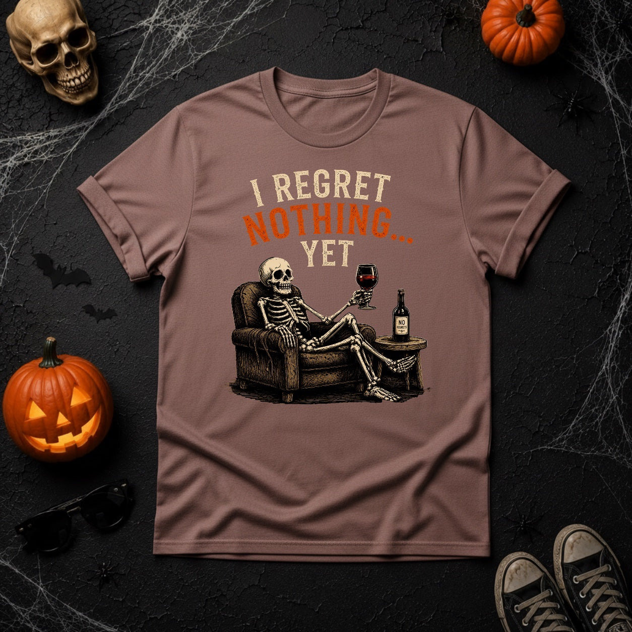 I Regret Nothing Yet Skeleton Wine T-Shirt - Brick