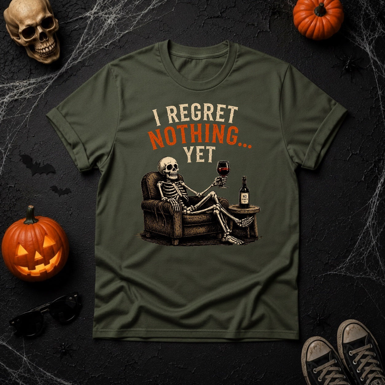 I Regret Nothing Yet Skeleton Wine T-Shirt - Moss