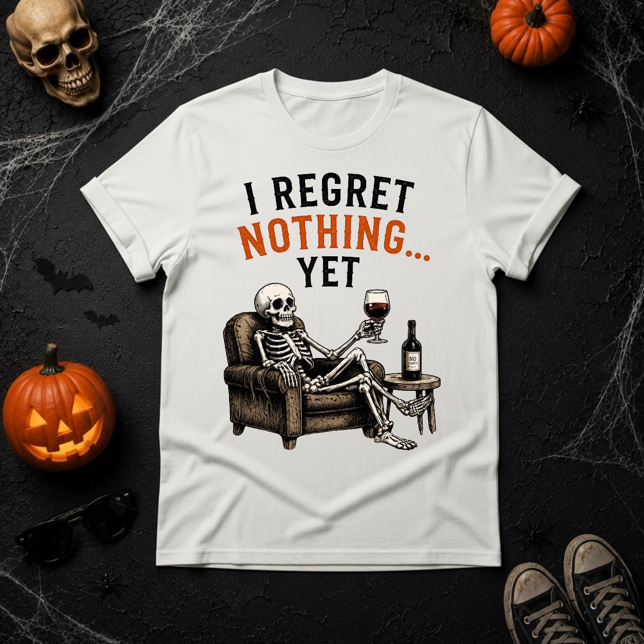 I Regret Nothing Yet Skeleton Wine T-Shirt - White