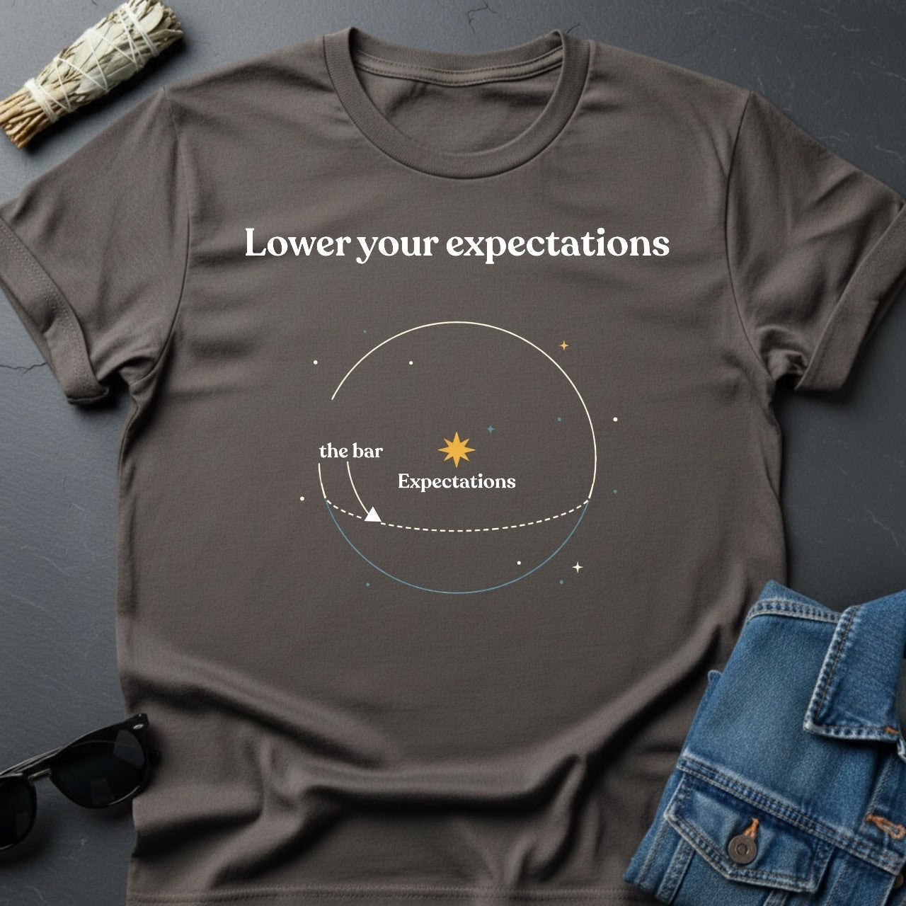 Lower Your Expectations – Minimalist Graphic T-Shirt | Youniverses - Youniverses