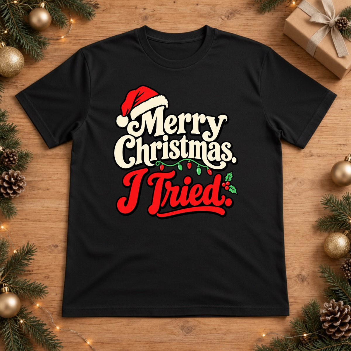 Merry Christmas I Tried Retro Santa Hat Christmas Lights T-Shirt - Black