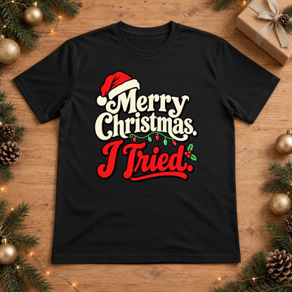 Merry Christmas I Tried Retro Santa Hat Christmas Lights T-Shirt - Black