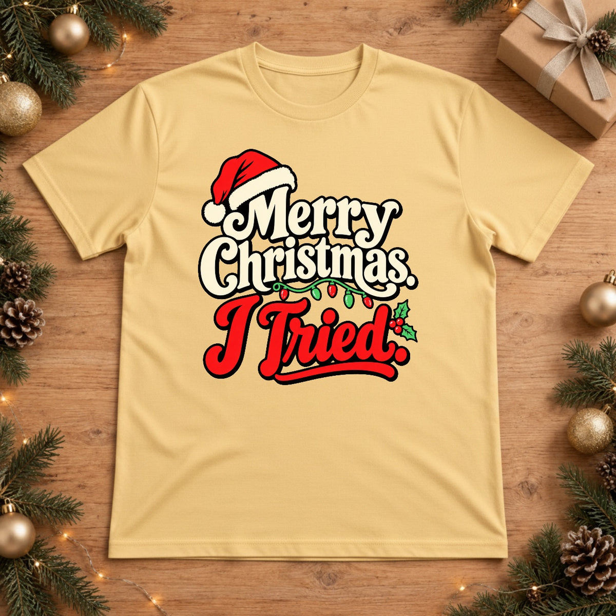 Merry Christmas I Tried Retro Santa Hat Christmas Lights T-Shirt - Butter