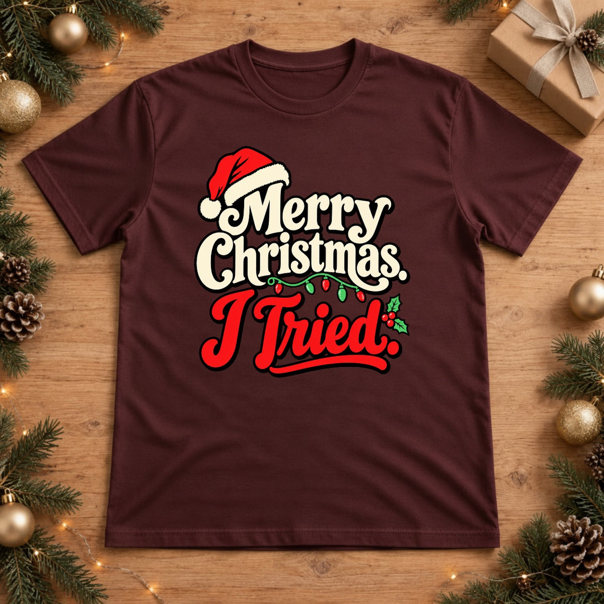 Merry Christmas I Tried Retro Santa Hat Christmas Lights T-Shirt - Chili