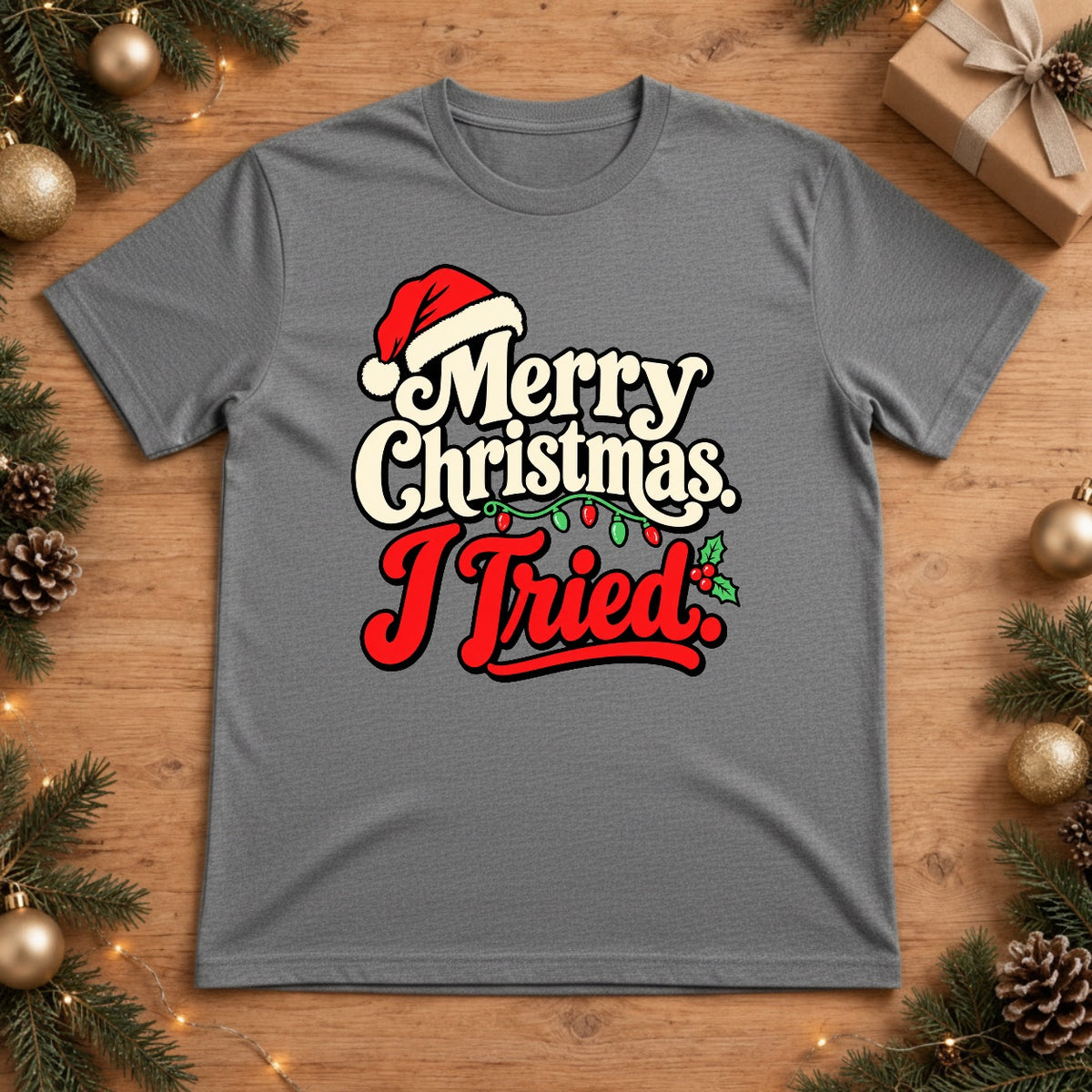 Merry Christmas I Tried Retro Santa Hat Christmas Lights T-Shirt - Grey