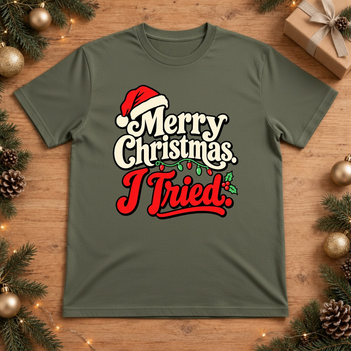 Merry Christmas I Tried Retro Santa Hat Christmas Lights T-Shirt - Moss