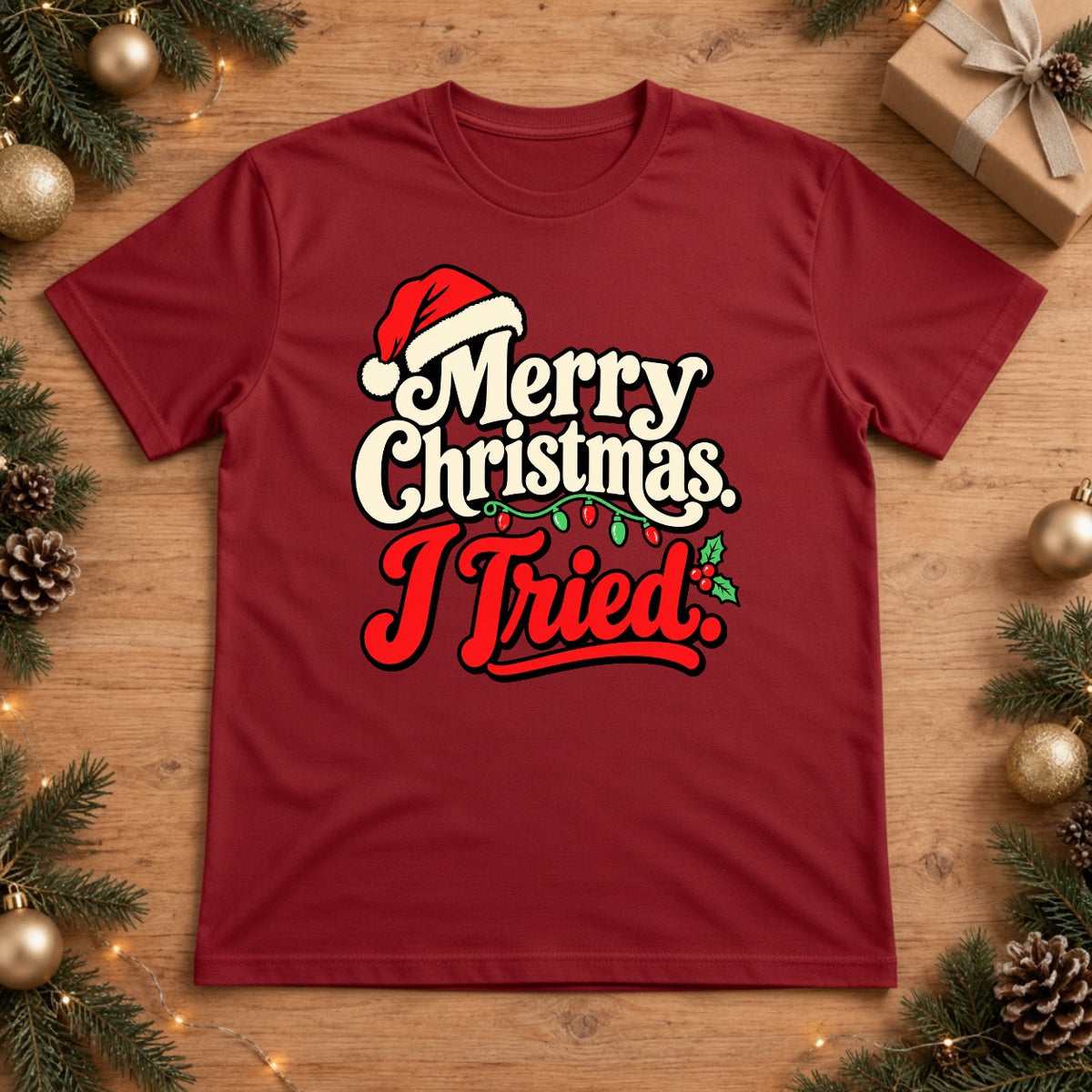 Merry Christmas I Tried Retro Santa Hat Christmas Lights T-Shirt - Red