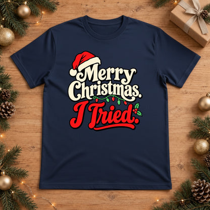 Merry Christmas I Tried Retro Santa Hat Christmas Lights T-Shirt - True Navy