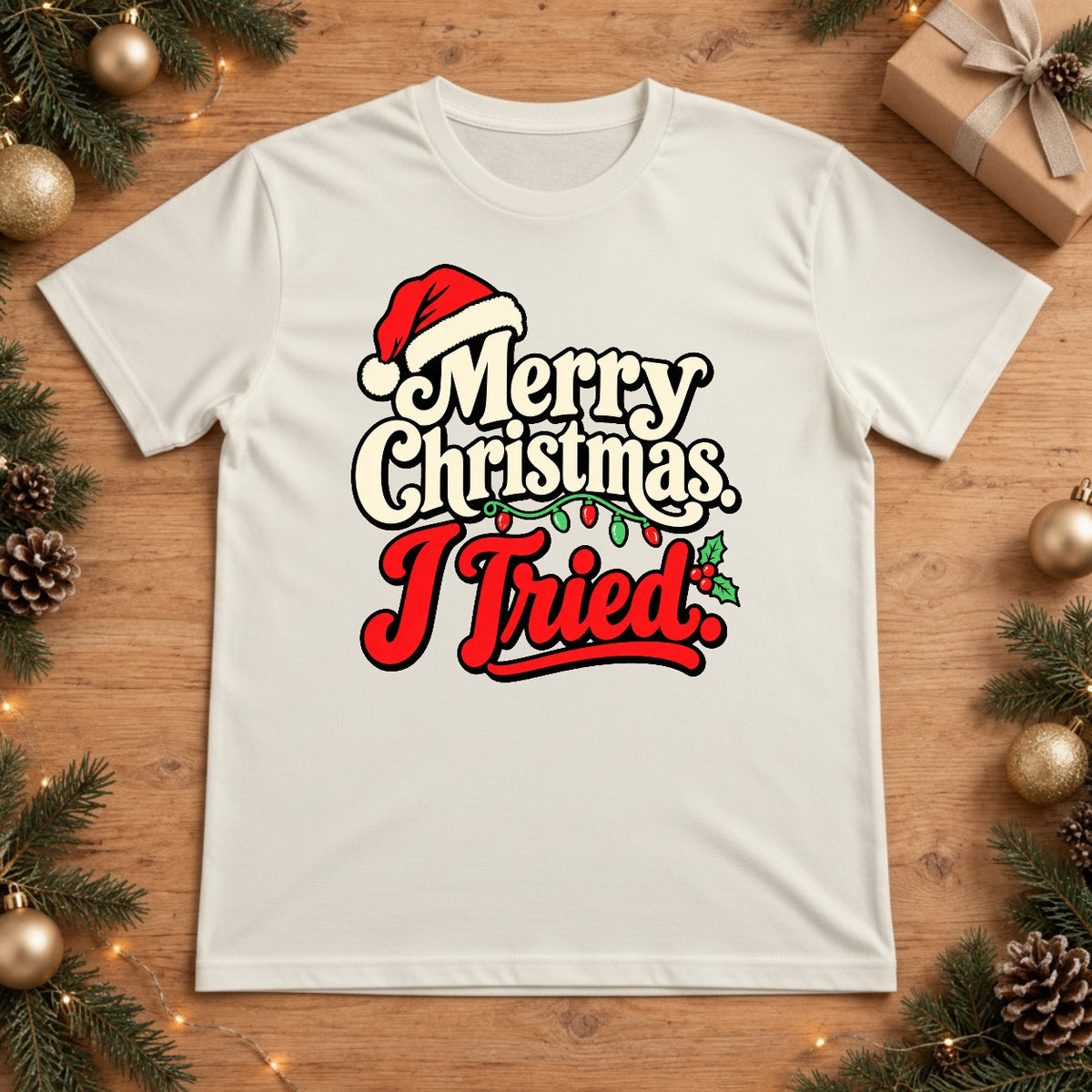 Merry Christmas I Tried Retro Santa Hat Christmas Lights T-Shirt - White