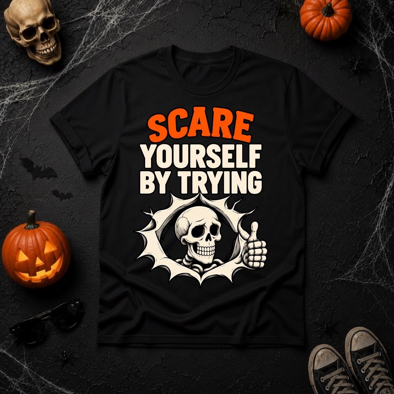 Scare Yourself By Trying Skeleton Thumbs Up Graphic T-Shirt - Youniverses