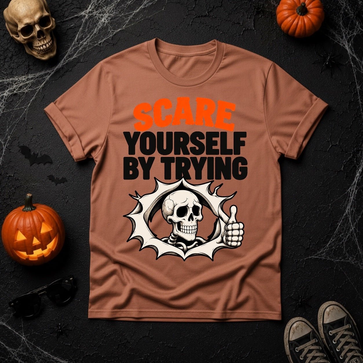 Scare Yourself By Trying Skeleton Thumbs Up Graphic T-Shirt - Youniverses