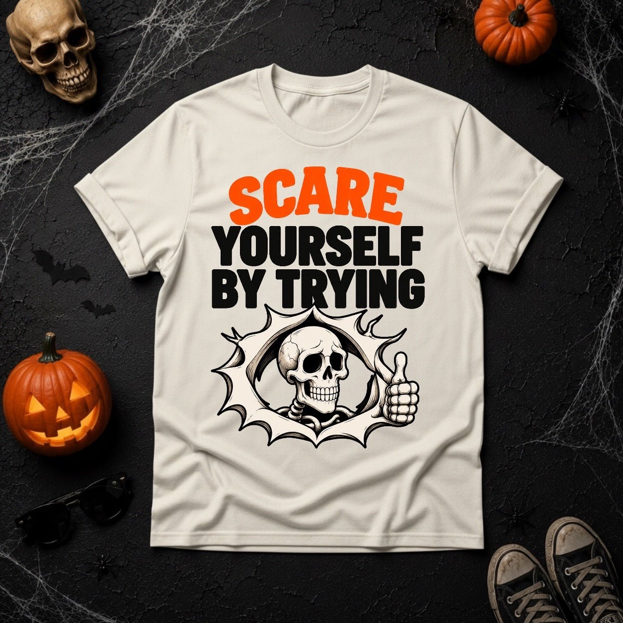 Scare Yourself By Trying Skeleton Thumbs Up Graphic T-Shirt - Youniverses
