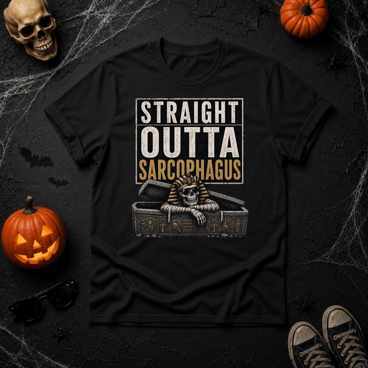 Straight Outta Sarcophagus Egyptian Pharaoh Skeleton T-Shirt - Youniverses