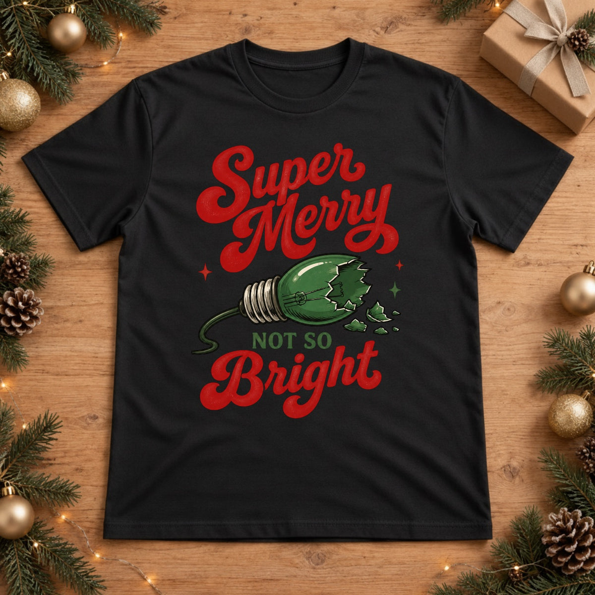 Super Merry Not So Bright Broken Christmas Light Bulb Graphic - Black