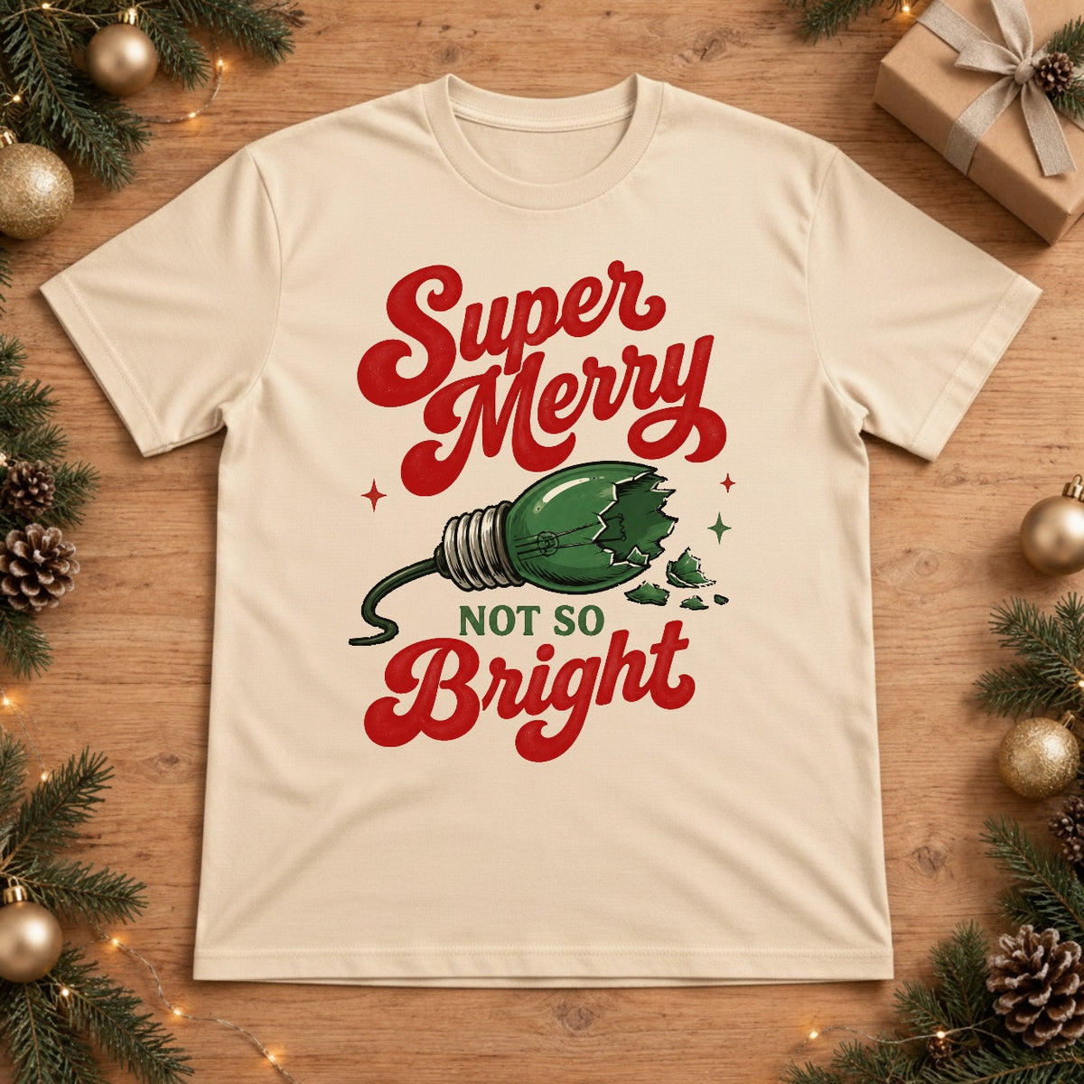 Super Merry Not So Bright Broken Christmas Light Bulb Graphic - Ivory