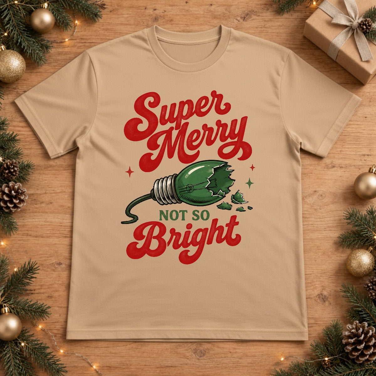 Super Merry Not So Bright Broken Christmas Light Bulb Graphic - Sandstone
