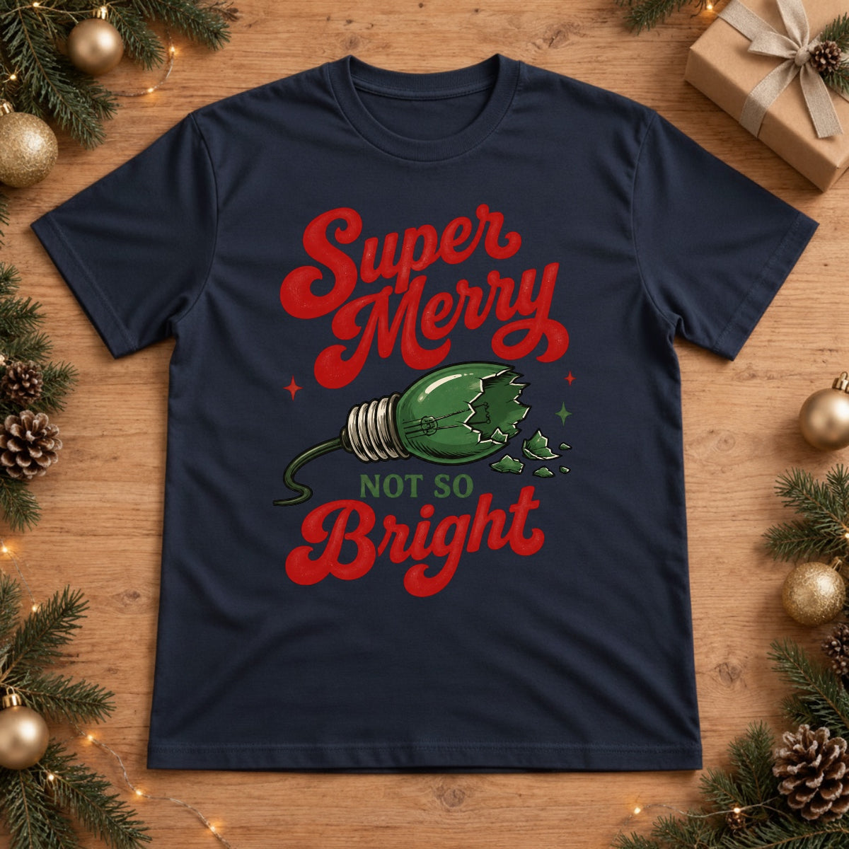 Super Merry Not So Bright Broken Christmas Light Bulb Graphic - True Navy