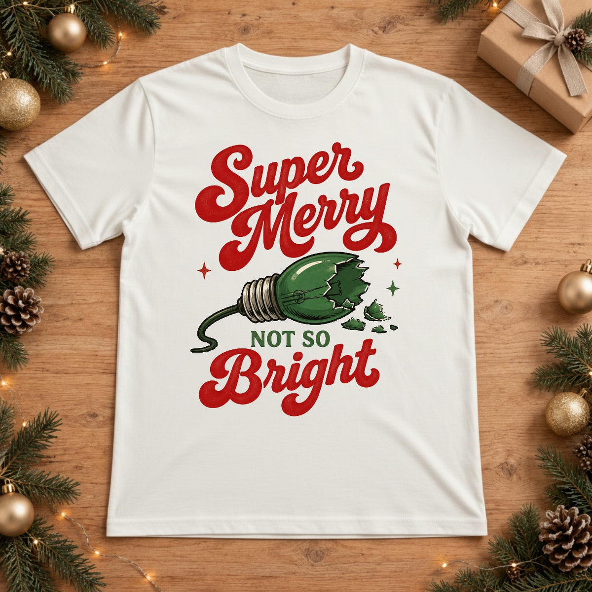 Super Merry Not So Bright Broken Christmas Light Bulb Graphic - White