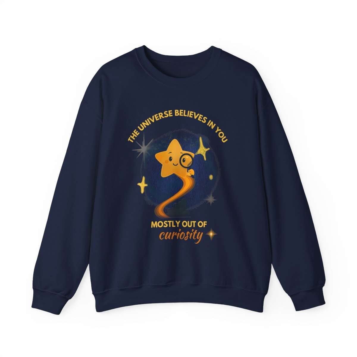 A navy sweatshirt with a graphic of a star looking through a magnifying glass with text.