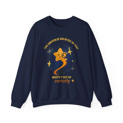 A navy sweatshirt with a graphic of a star looking through a magnifying glass with text.