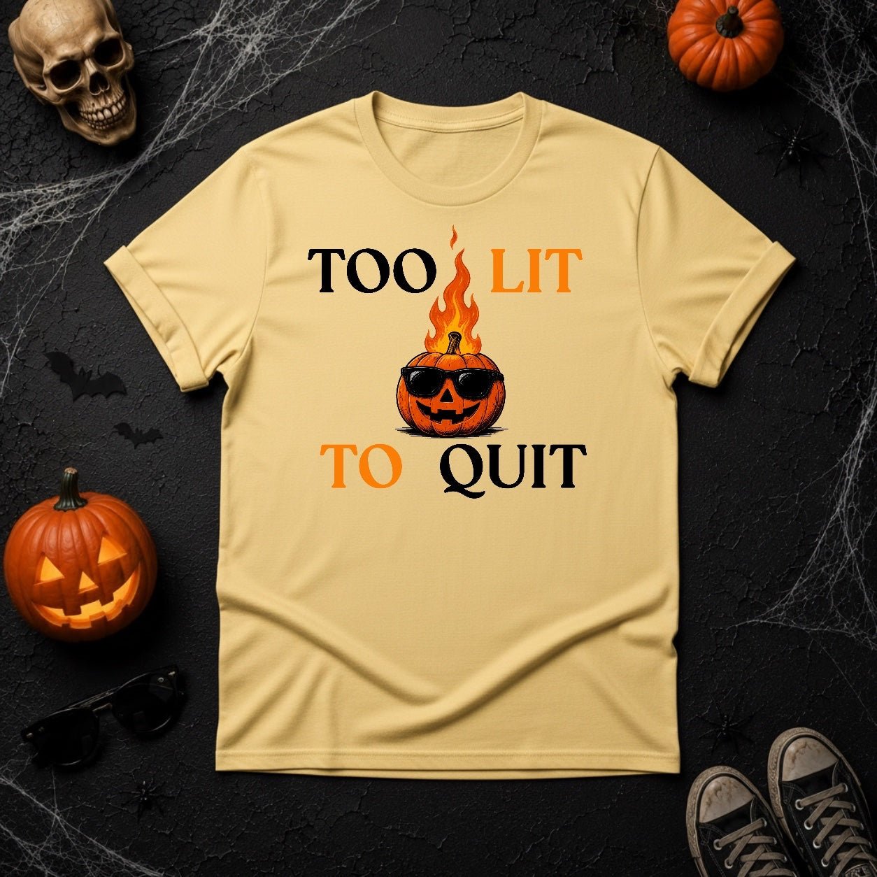 Too Lit To Quit Flaming Pumpkin Graphic T-Shirt - Youniverses - Youniverses