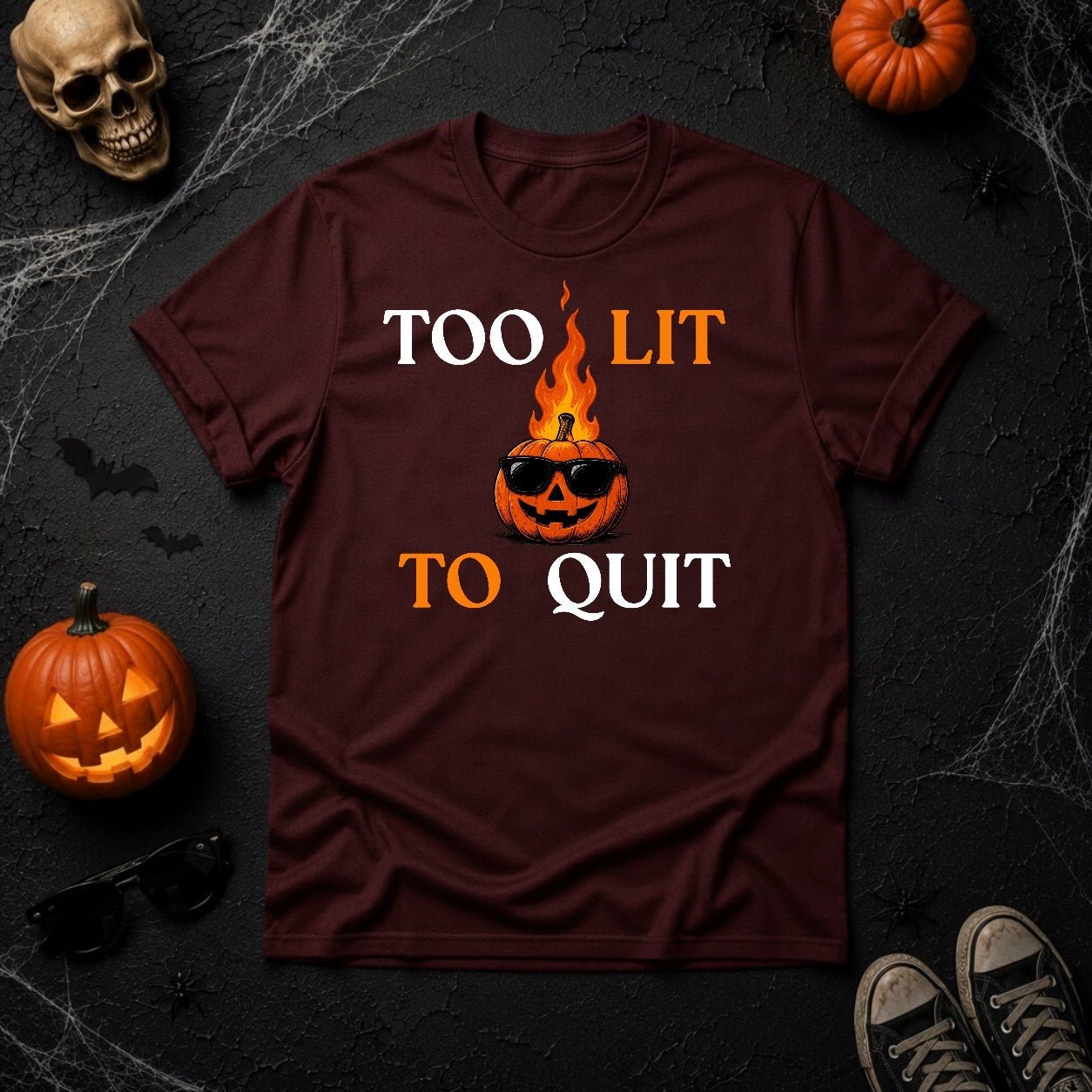 Too Lit To Quit Flaming Pumpkin Graphic T-Shirt - Youniverses - Youniverses