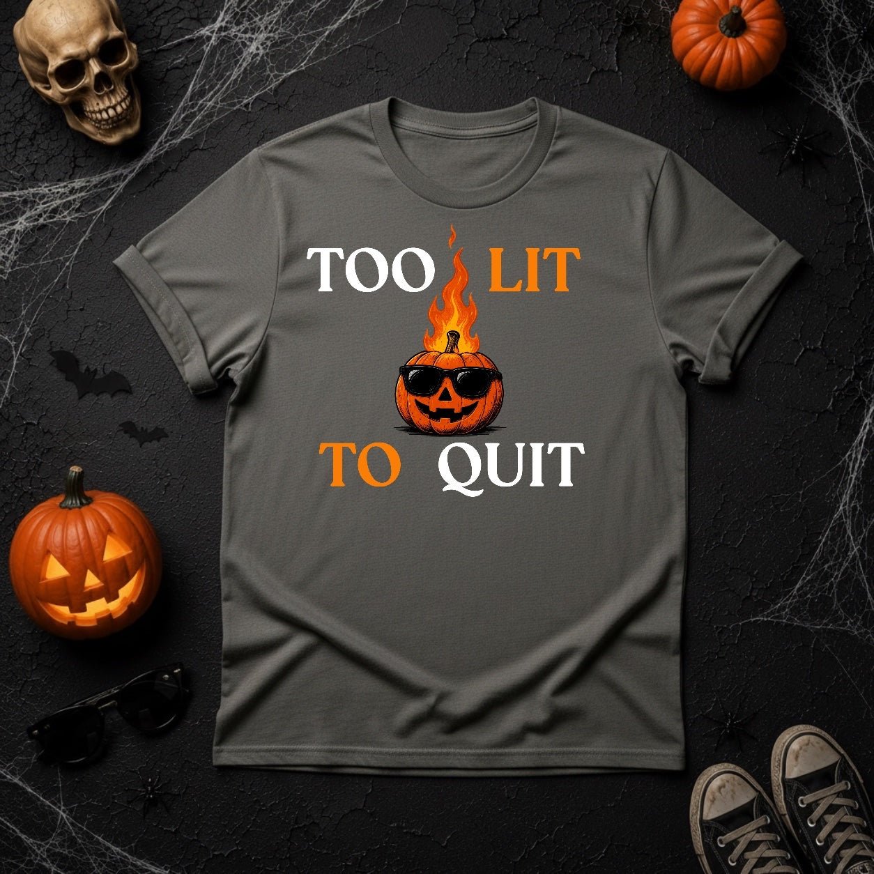 Too Lit To Quit Flaming Pumpkin Graphic T-Shirt - Youniverses - Youniverses