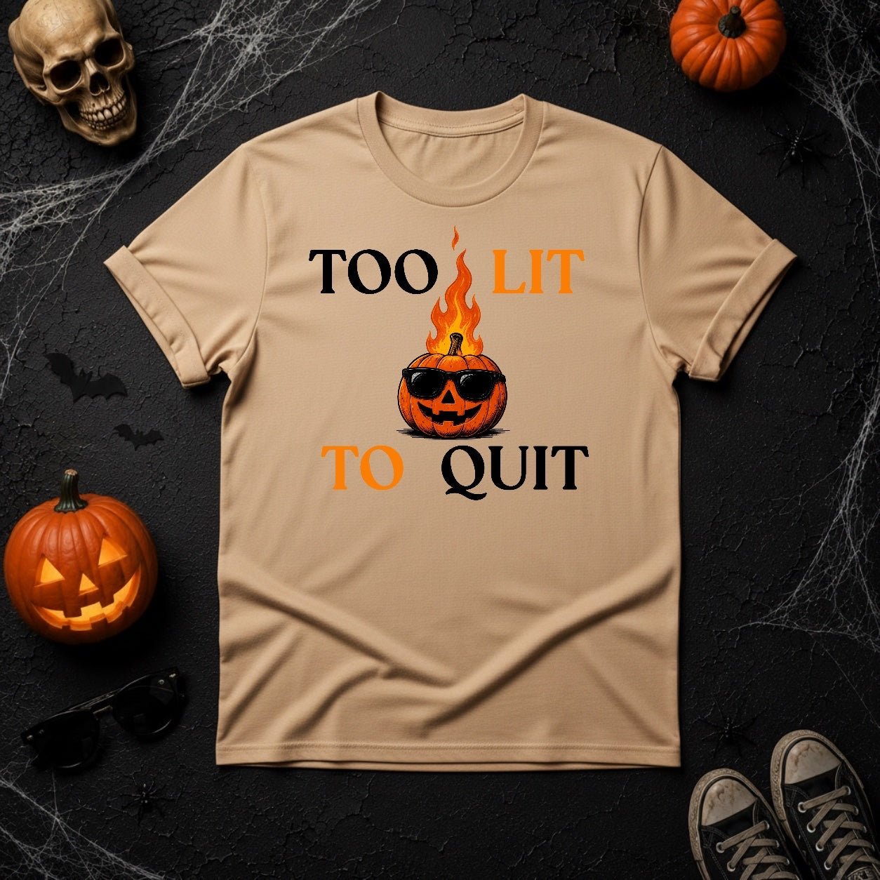 Too Lit To Quit Flaming Pumpkin Graphic T-Shirt - Youniverses - Youniverses