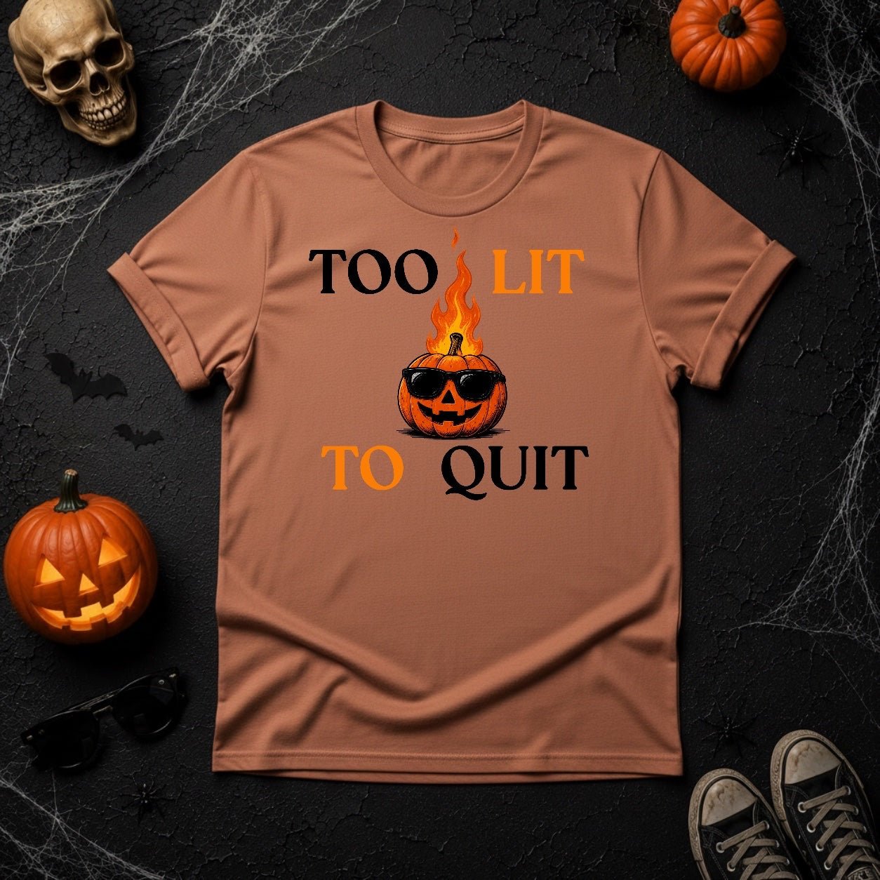 Too Lit To Quit Flaming Pumpkin Graphic T-Shirt - Youniverses - Youniverses