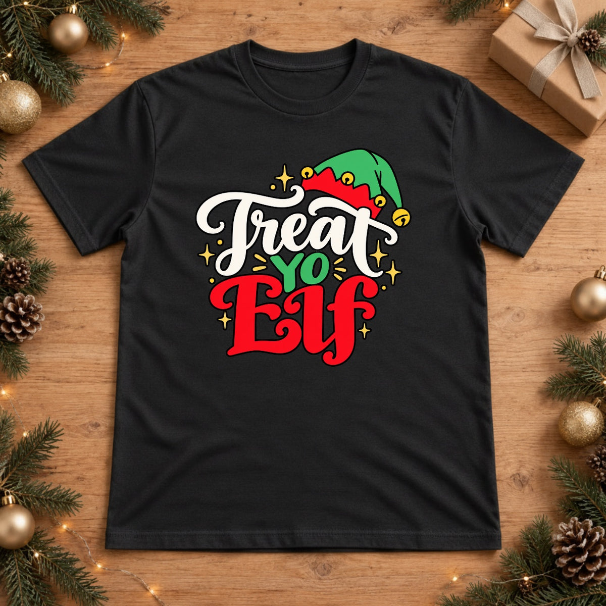 Treat Yo' Elf Retro Christmas Graphic Design - Black