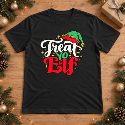 Treat Yo' Elf Retro Christmas Graphic Design - Black