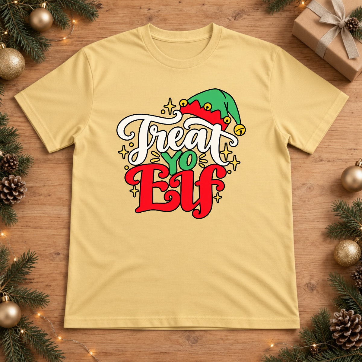 Treat Yo' Elf Retro Christmas Graphic Design - Butter