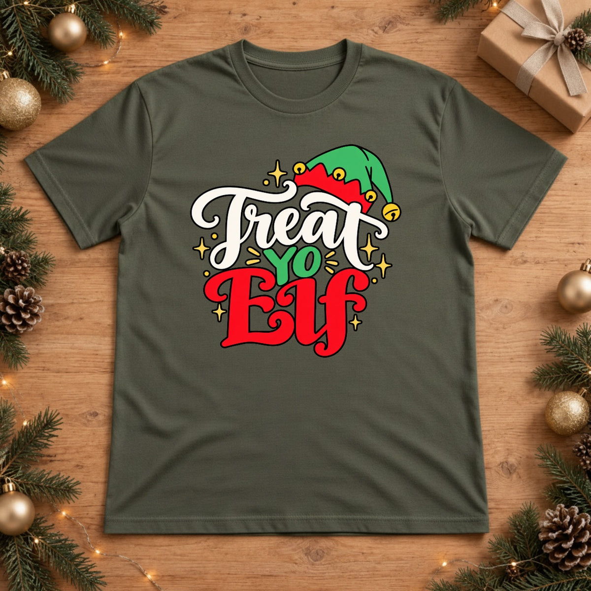 Treat Yo' Elf Retro Christmas Graphic Design - Moss