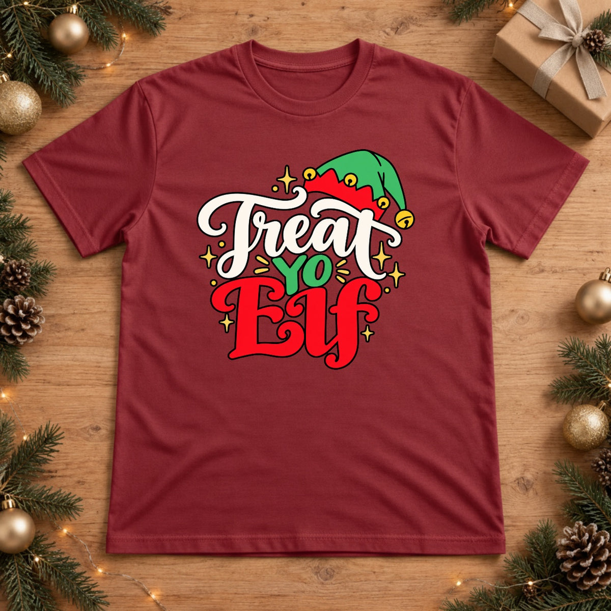 Treat Yo' Elf Retro Christmas Graphic Design - Red