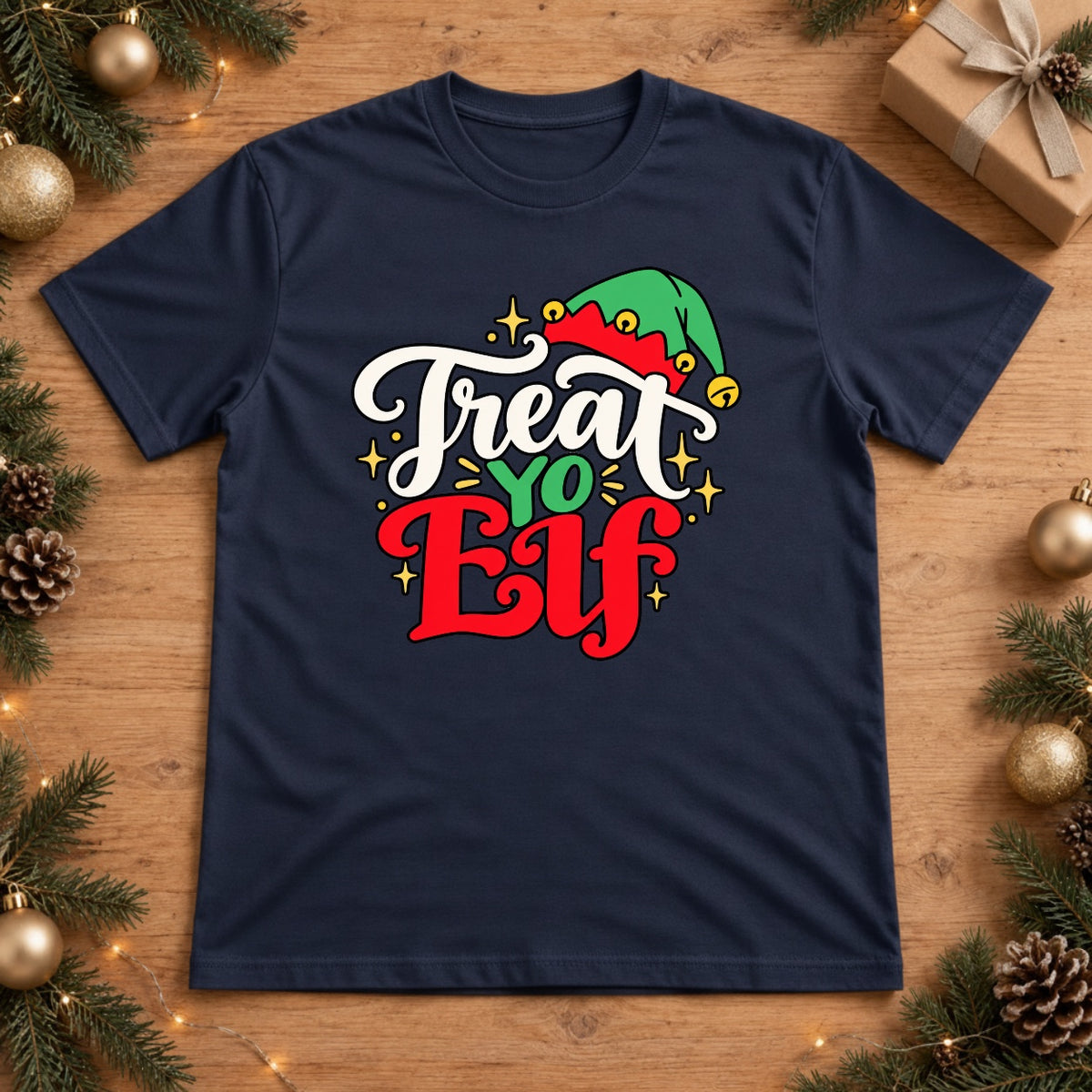 Treat Yo' Elf Retro Christmas Graphic Design - True Navy