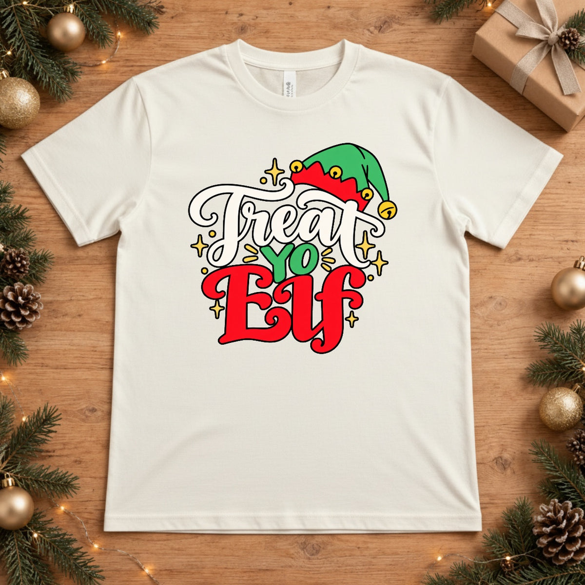 Treat Yo' Elf Retro Christmas Graphic Design - White